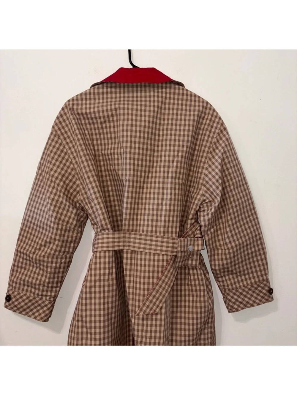 Damson Madder Reversible Red and Tan Check Women's Trench Coat oversized - Picture 13 of 16
